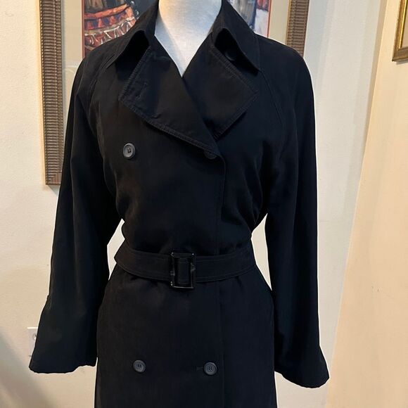 London Fog Black Long Double Breasted Trench Coat w/ Matching Belt Size 6P - Picture 2 of 15